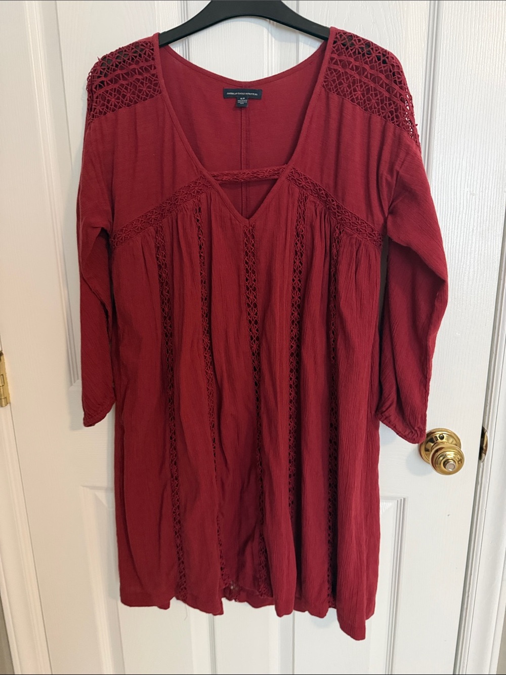 American Eagle Outfitters Deep Red Crochet-Trim V-Neck Dress